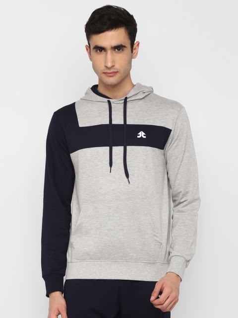 

OFF LIMITS Men Grey Melange & Navy Blue Colourblocked Hooded Sweatshirt