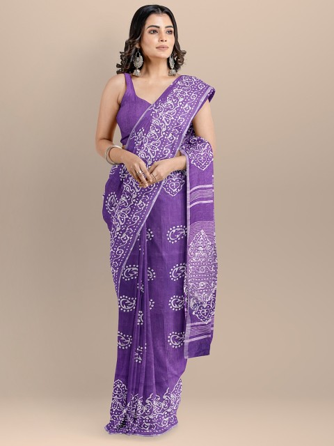 

BharatSthali Purple & Off-White Silk Cotton Printed Venkatgiri Saree