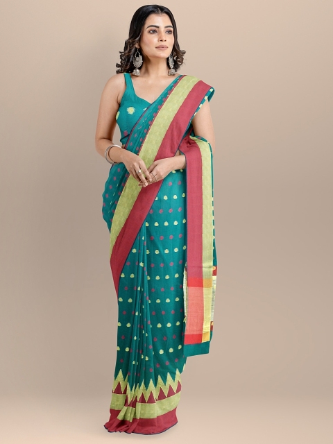 

BharatSthali Green Silk Cotton Woven Design Handloom Banarasi Saree