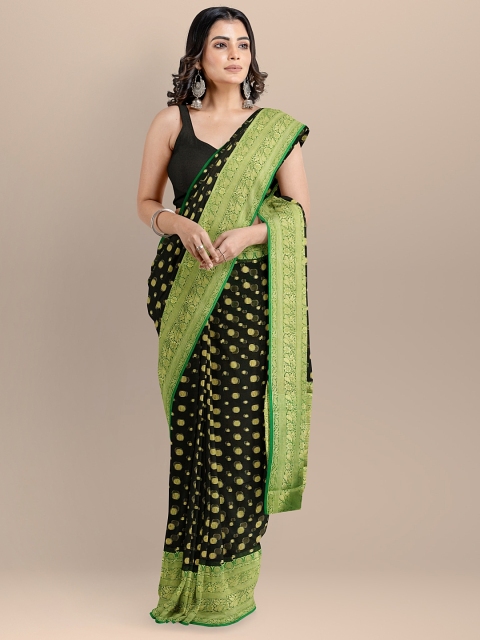 

BharatSthali Black & Green Silk Cotton Woven Design Banarasi Sustainable Saree