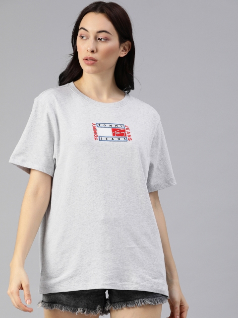 

Tommy Hilfiger Women Grey Relaxed Fit Solid Round Neck T-shirt with Logo Detailing