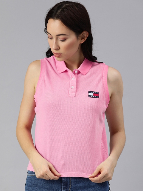 

Tommy Hilfiger Women Pink Solid Polo Collar Sleeveless Cropped T-shirt