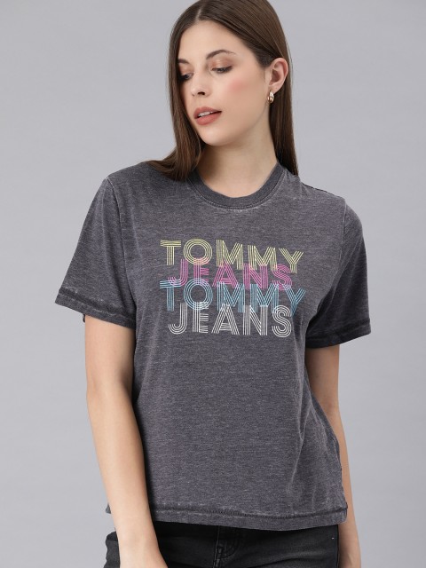 

Tommy Hilfiger Women Charcoal Grey Boxy Fit Printed Round Neck T-shirt