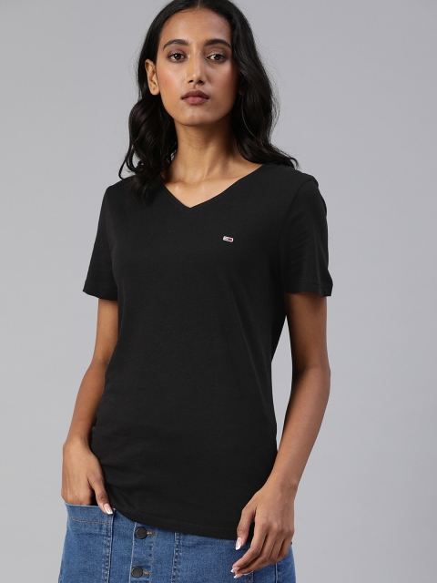 

Tommy Hilfiger Women Black Solid Pure Cotton V-Neck T-shirt