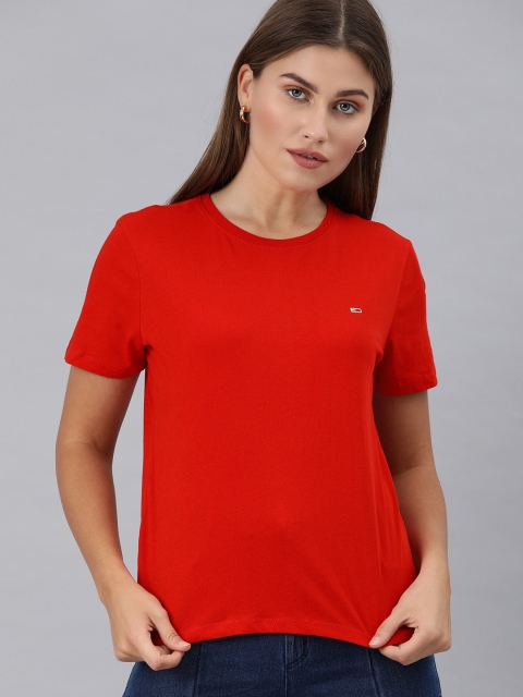 

Tommy Hilfiger Women Red Solid Organic Cotton Round Neck T-shirt