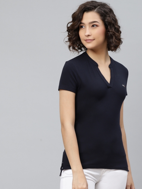 

Tommy Hilfiger Women Navy Blue Slim Fit Solid Mandarin Collar T-shirt