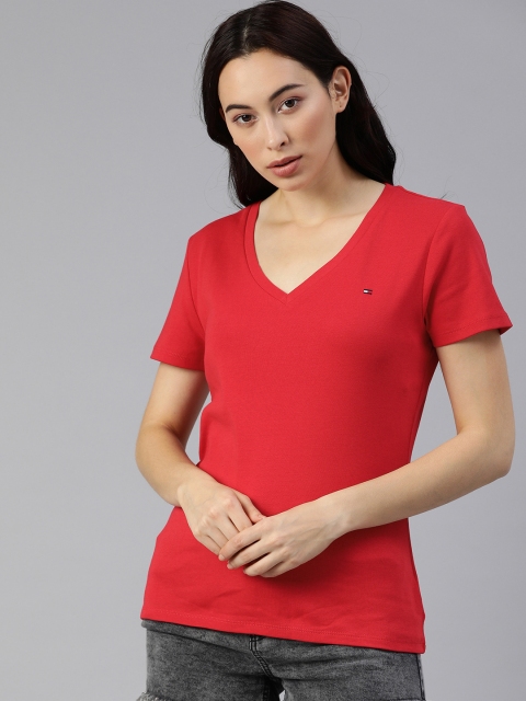 

Tommy Hilfiger Women Red Slim Fit Solid V-Neck T-shirt