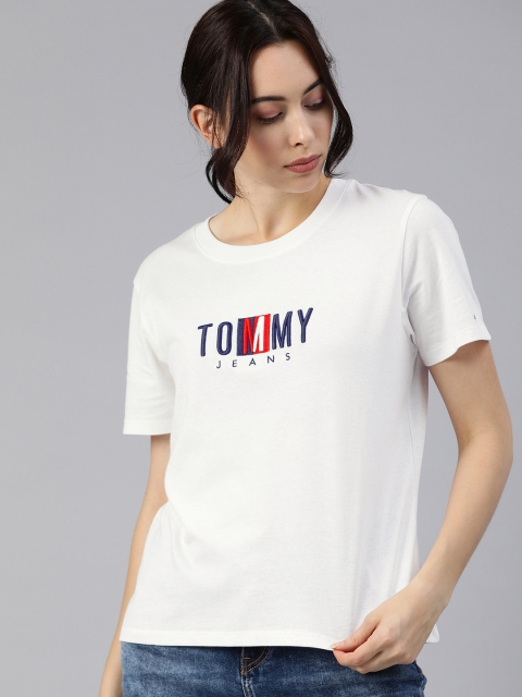 

Tommy Hilfiger Women White Embroidered Round Neck Pure Cotton T-shirt