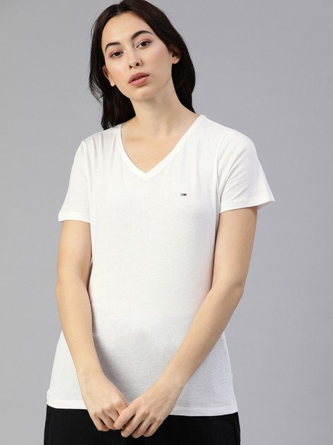 

Tommy Hilfiger Women White Solid V-Neck Pure Cotton T-shirt