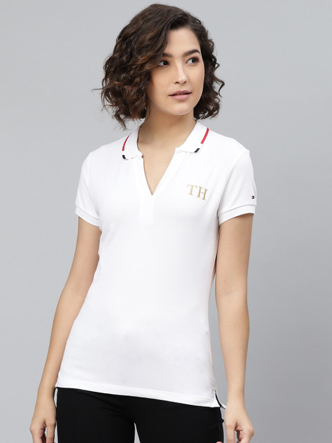 

Tommy Hilfiger Women White Slim Fit Solid Polo Collar T-shirt