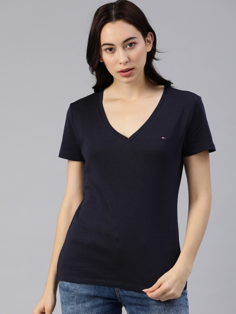 

Tommy Hilfiger Women Navy Blue Solid Organic Cotton V-Neck T-shirt