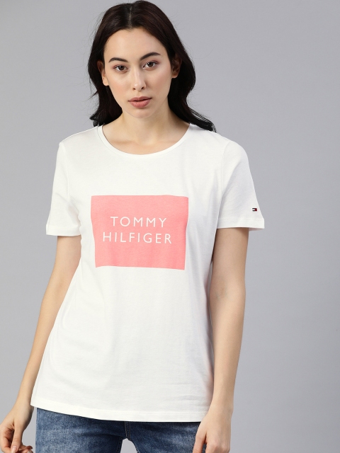 

Tommy Hilfiger Women White & Pink Printed Organic Cotton Round Neck T-shirt