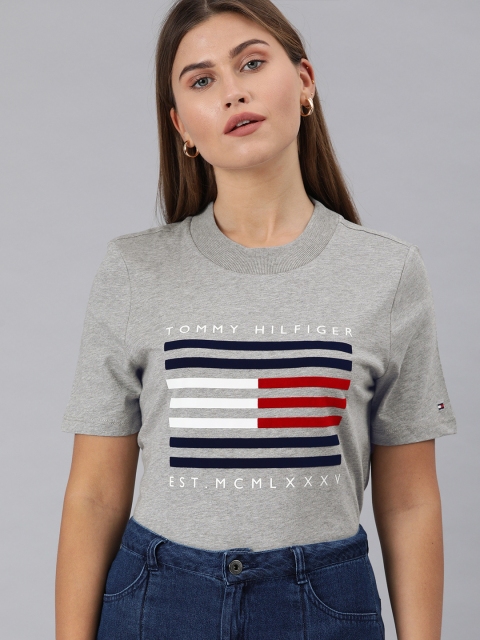 

Tommy Hilfiger Women Grey Melange Striped Round Neck T-shirt