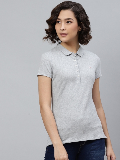 

Tommy Hilfiger Women Grey Melange Slim Fit Solid Polo Collar T-shirt