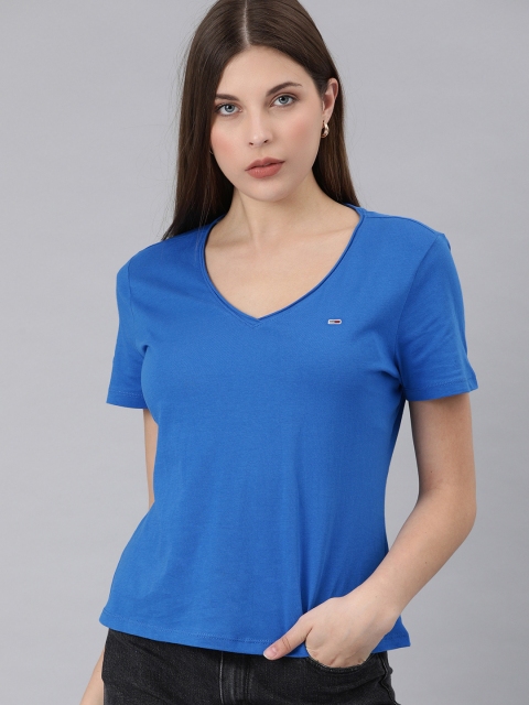 

Tommy Hilfiger Women Blue Slim Fit Solid Organic Cotton V-Neck T-shirt