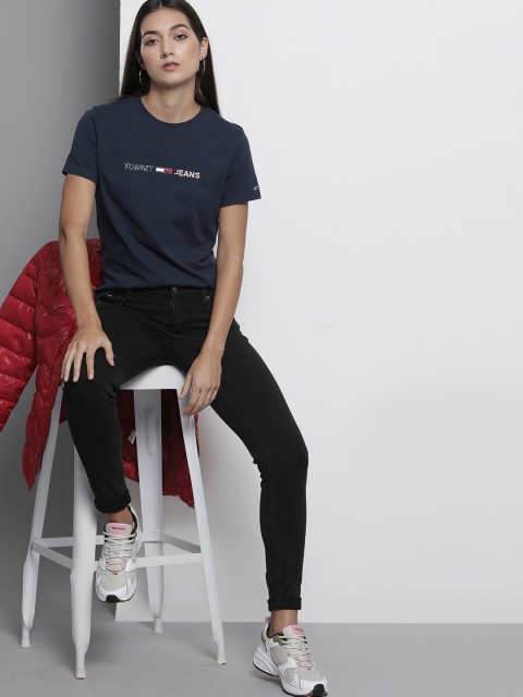

Tommy Hilfiger Women Navy Blue Brand Logo Printed Pure Cotton T-shirt