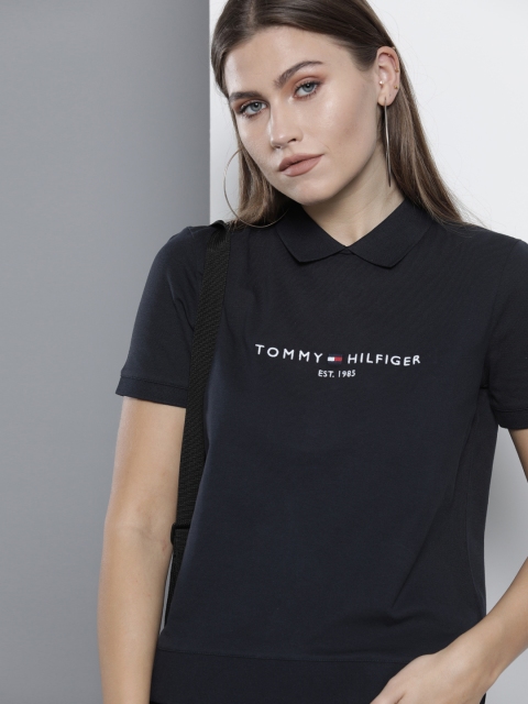 

Tommy Hilfiger Women Navy Blue Brand Logo Embroidered Polo Collar T-shirt