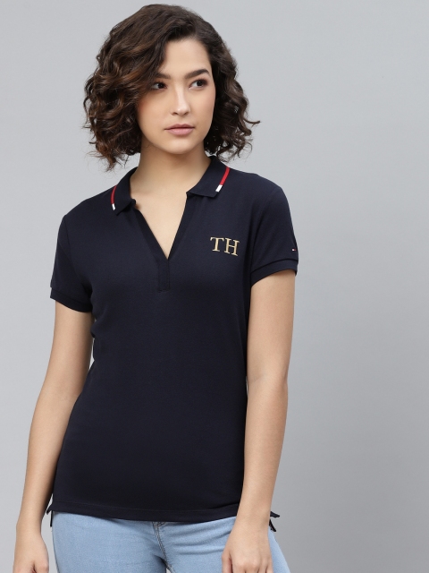 

Tommy Hilfiger Women Navy Blue Slim Fit Solid Polo Collar T-shirt