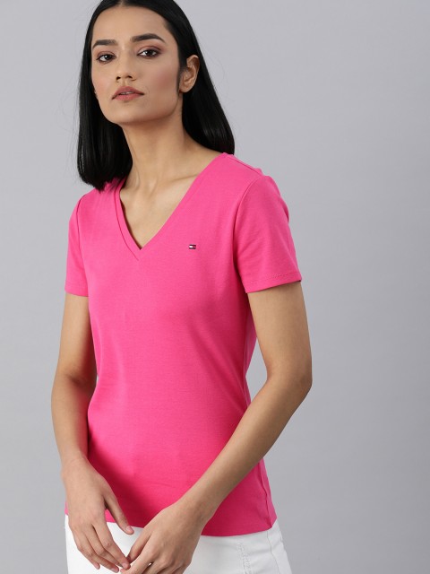 

Tommy Hilfiger Women Pink Slim Fit Solid V-Neck Pure Cotton T-shirt
