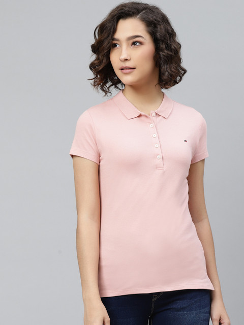 

Tommy Hilfiger Women Pink Slim Fit Solid Polo Collar T-shirt