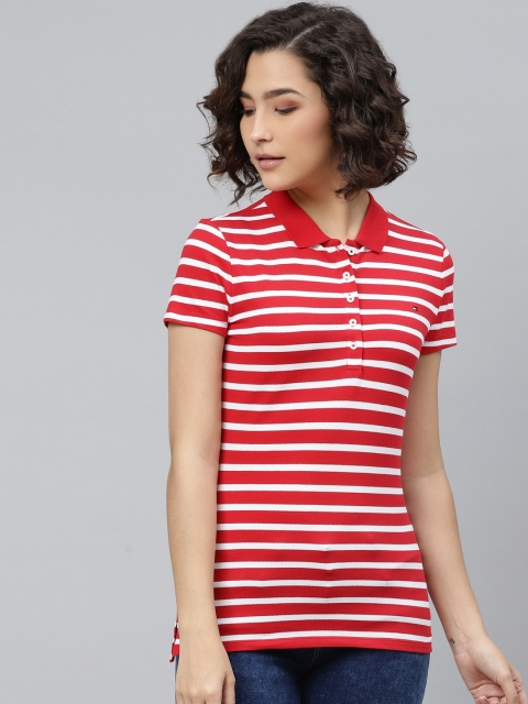 

Tommy Hilfiger Women Red Slim Fit Striped Polo Collar T-shirt