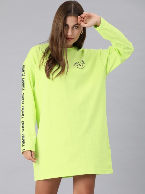

Tommy Hilfiger Women Fluorescent Green Solid Drop-Shoulder T-shirt Dress With Print Detail