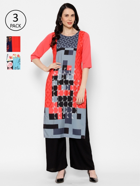 

7Threads Women Pack of 3 Printed Crepe Kurtas, Red
