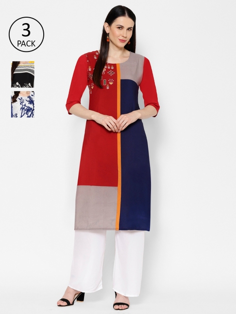 

7Threads Women Pack of 3 Printed Straight Kurtas, Red