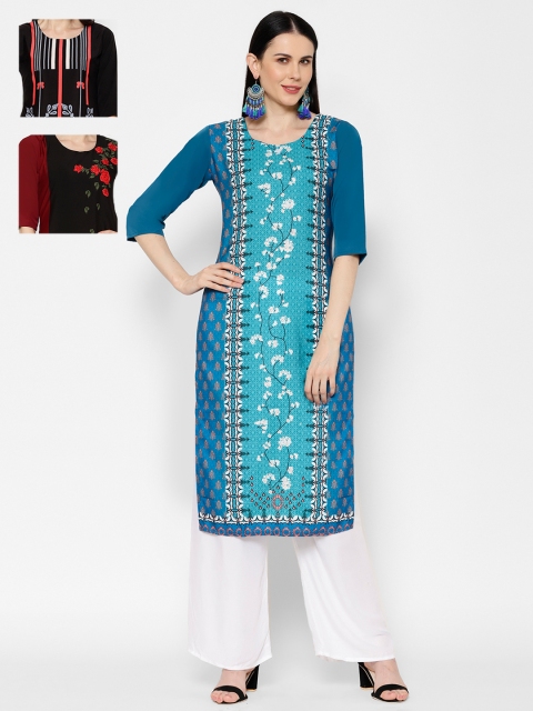 

7Threads Women Pack Of 3 Printed Straight Kurtas, Blue