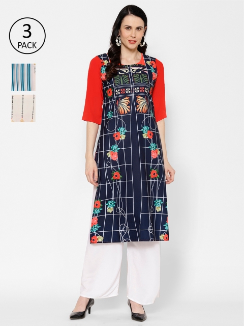 

7Threads Women Pack Of 3 Printed Straight Kurtas, Navy blue