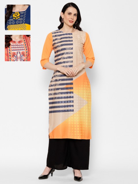 

7Threads Women Pack of 3 Printed Straight Kurtas, Peach