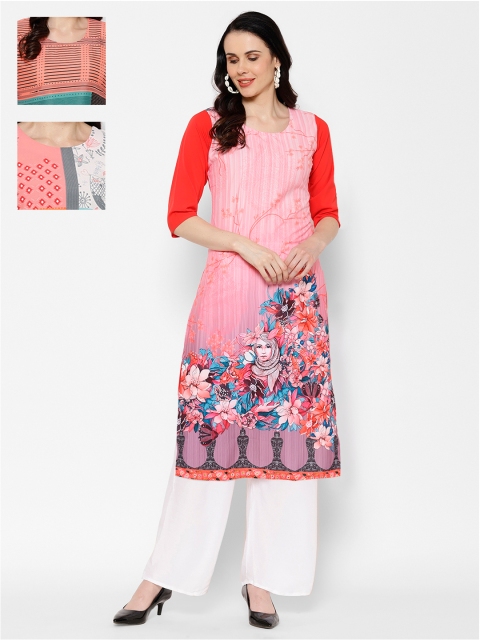 

7Threads Women Pack of 3 Printed A-Line Kurtas, Pink