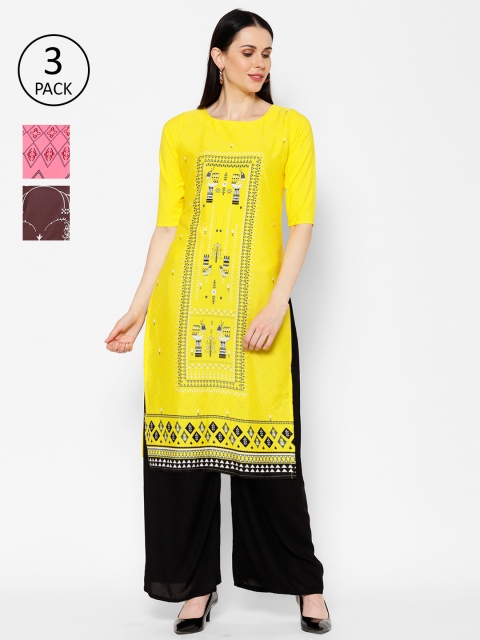 

7Threads Women Pack Of 3 Printed Straight Kurtas, Yellow