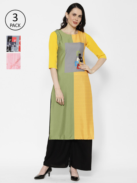 

7Threads Women Multicoloured Set of 3 Colourblocked Crepe Kurta, Multi