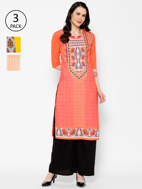 

7Threads Women Pack Of 3 Printed Straight Kurtas, Pink