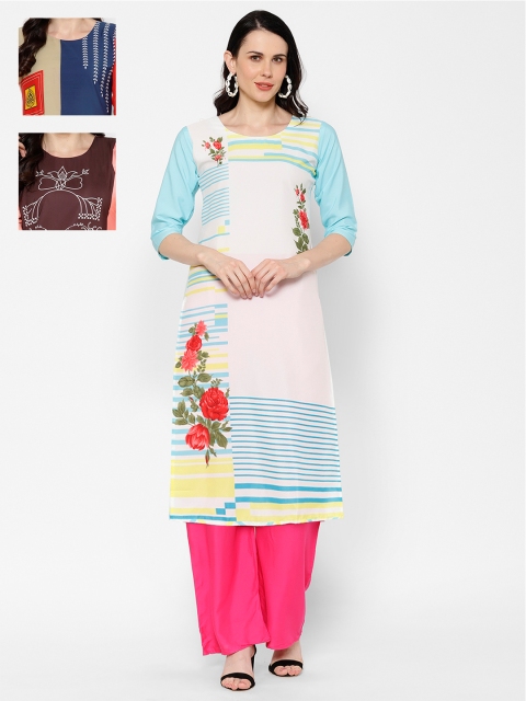

7Threads Women Pack Of 3 Printed Straight Kurtas, Blue