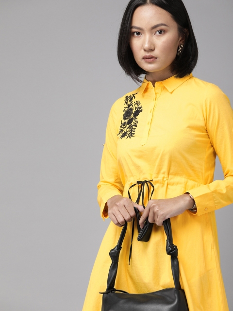 

Park Avenue Women Yellow Solid Shirt Dress with Embroidered & Waist Tie-Up Detail