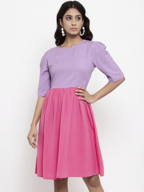 

THE SILHOUETTE STORE Women Pink Colourblocked Fit and Flare Dress