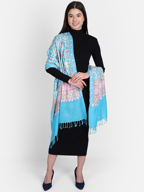 

Anekaant Blue & Pink Floral Embroidered Pure Wool Shawl