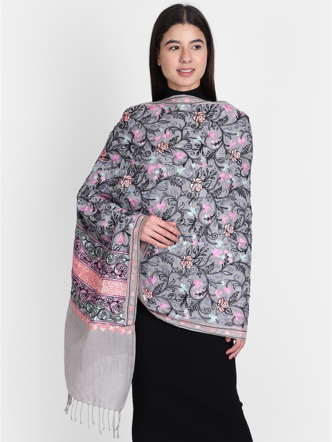 

Anekaant Women Grey & Pink Floral Embroidered Pure Wool Shawl