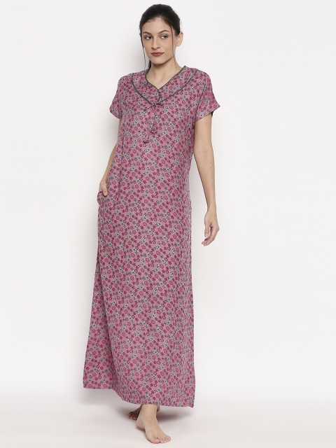

XIN Women Pink Printed Short Sleeves V-Neck Full Length Nightdress