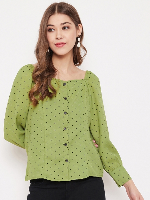 

PURYS Women Olive Green Polka Dots Printed Top