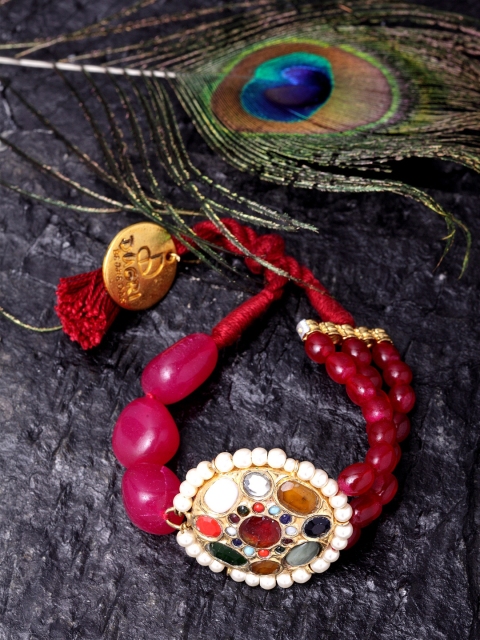 

DUGRISTYLE Women Red & Gold-Plated Ruby Navratan Wraparound Bracelet