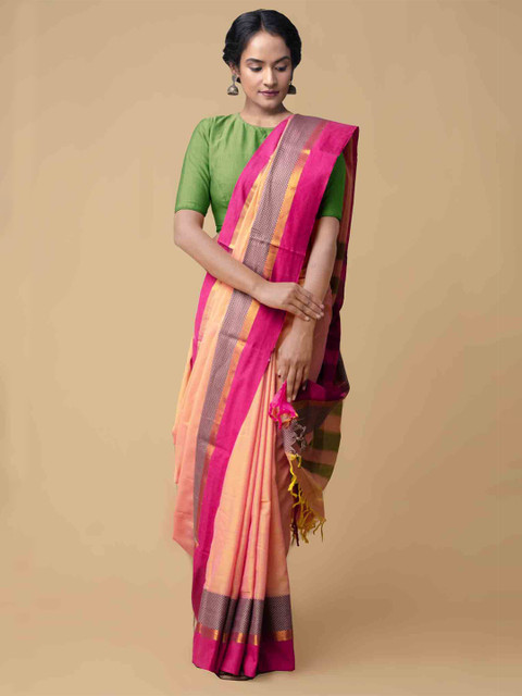 

Unnati Silks Peach-Coloured Pure Cotton Solid Narayan Peth Saree