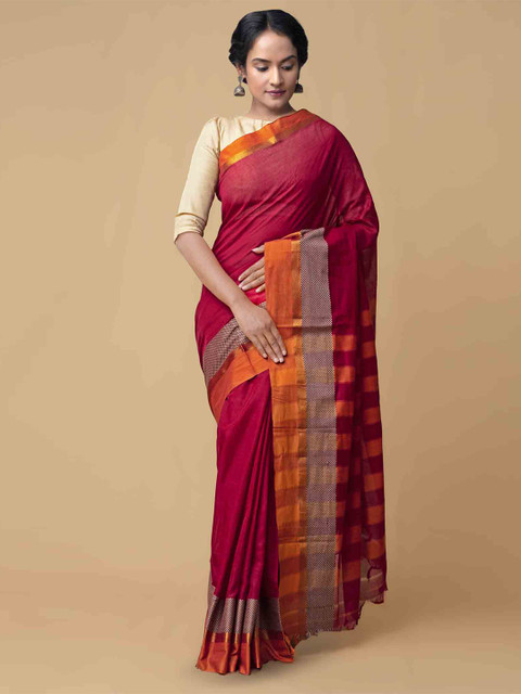 

Unnati Silks Red Pure Cotton Solid Narayan Peth Saree