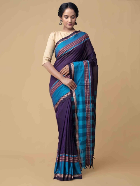 

Unnati Silks Blue Pure Cotton Solid Narayan Peth Saree
