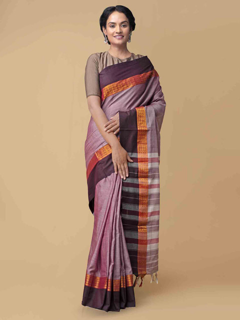 

Unnati Silks Pink & Brown Pure Cotton Striped Narayan Peth Saree