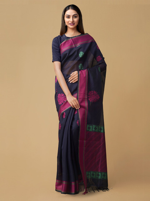 

Unnati Silks Navy Blue Floral Uppada Silk Cotton Saree Uppada