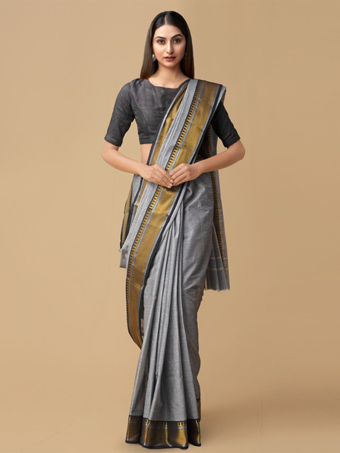 

Unnati Silks Grey & Gold-Toned Pure Cotton Solid Chettinad Saree