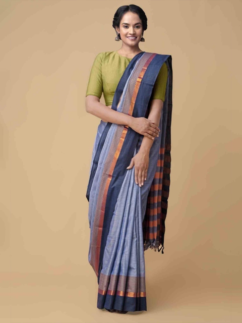 

Unnati Silks Blue & Orange Pure Cotton Solid Narayan Peth Saree